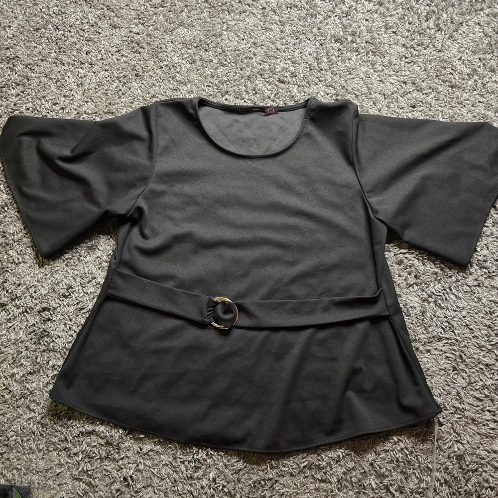 Hazel Black Bell Sleeve Peplum Top Blouse Gold Ring Belted H37178 Womens Large